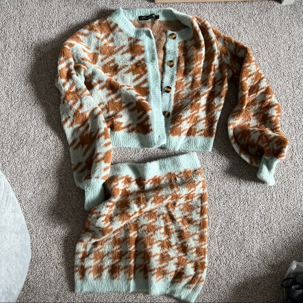 Houndstooth cardigan and skirt set